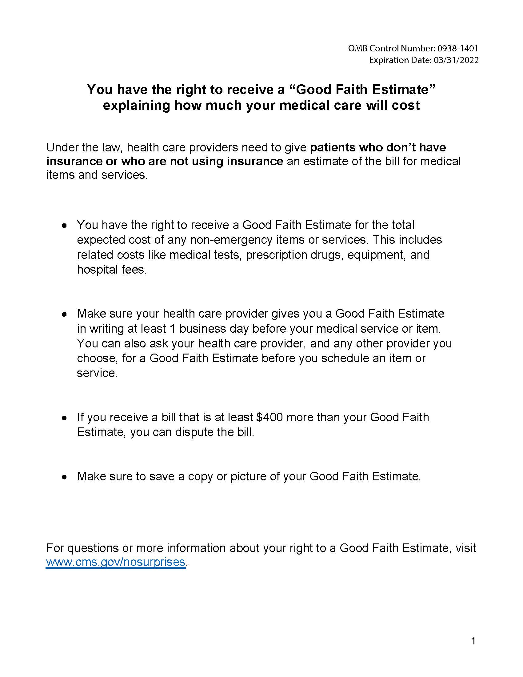 Good Faith Estimate Information   JPG Good Faith Estimate Document 